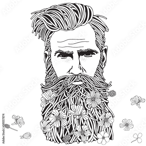 Bearded hipster man. Coloring book