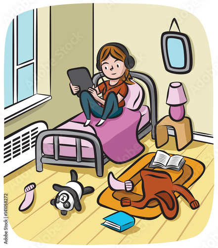 An adolescent girl wearing headphones sits in her messy room watching streaming video on her tablet computer.