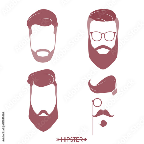 Set of hipster man haircuts, beards, mustaches. Simple design for logo, silhouette. Vector illustration.