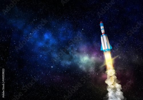 Rocket spaceship flying in a night sky. Mixed media with 3D illustration elements