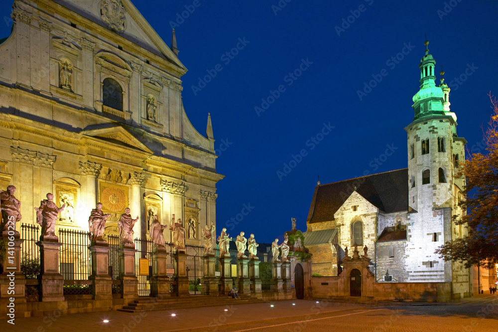 St Andrew's Church and parish church of St. Peter and Paul in Krakow by night, Poland, Europe