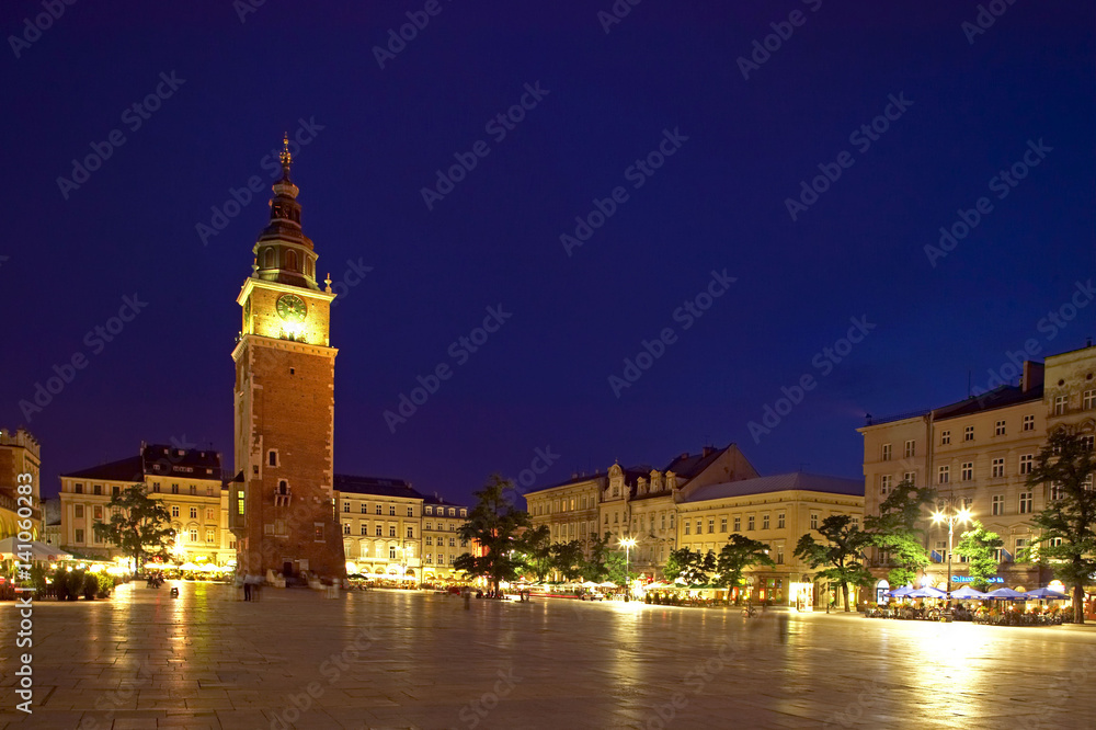 Town Hall Tower in Main Market Square (Rynek Glowny) in Krakow by Night, Poland, Europe