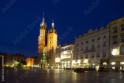 Saint Mary Basilica at the Main Square in Krakow by Night, Poland, Europe