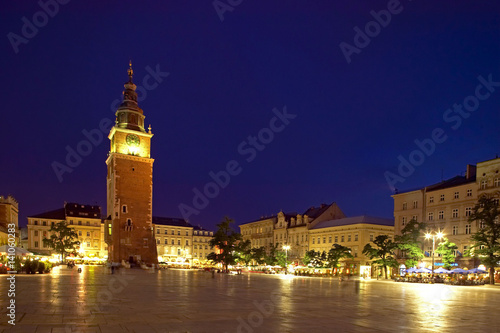 Town Hall Tower in Main Market Square  Rynek Glowny  in Krakow by Night  Poland  Europe