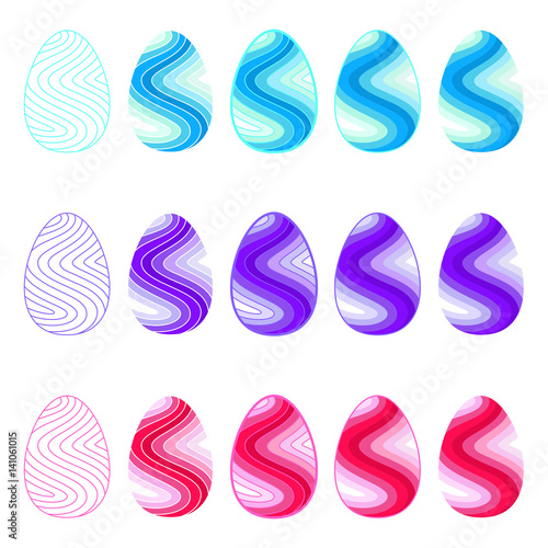 Set of flat images of easter eggs decorated in a wavy stripes