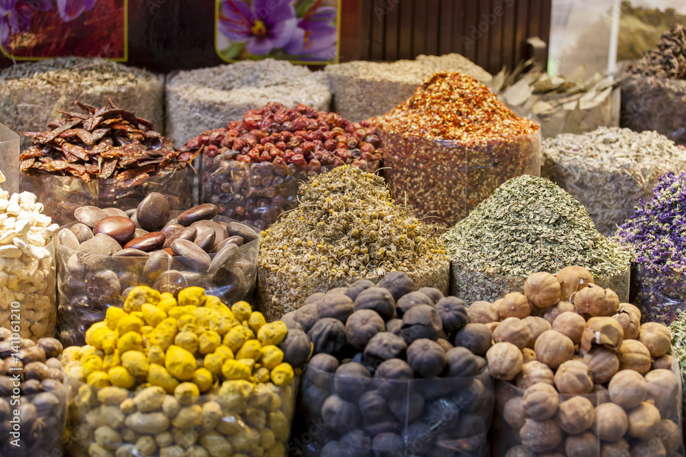 Dried herbs, flowers and spices at the spice souq in Deira in Dubai, UAE