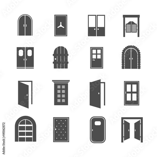 Black door icons. Vector open and close, house and safe doors signs isolated on white background
