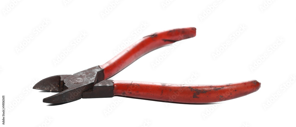 Old rusty scissors for metal with red handle, isolated on white background
Old rusty scissors for metal with red handle, isolated on white background