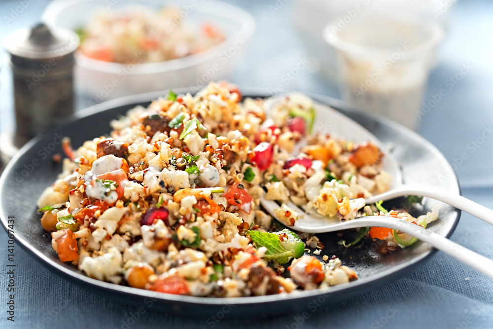 Cauliflower, quinoa & harissa spiced chickpeas with feta and mint dressing Cauliflower, quinoa & harissa spiced chickpeas with feta and mint dressing