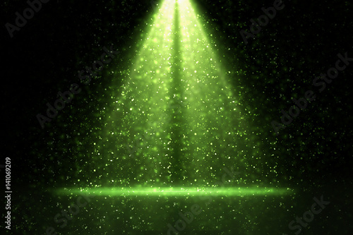 Stage light and green glitter lights on floor. Abstract background for display your product. Spotlight realistic ray