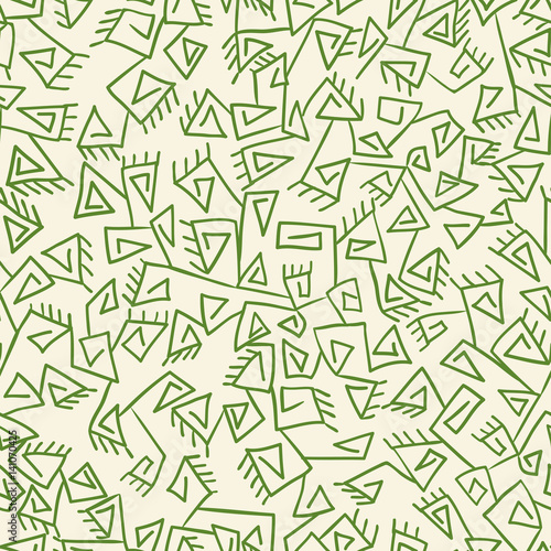 Tribal seamless vintage ethnic green pattern. Botanic background with cactus and thorn. Hand drawing tribal texture.