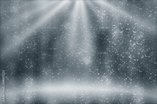 Stage light and white or silver glitter lights on floor. Abstract Christmas  festive background for display your product. Spotlight realistic ray