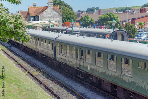 Steam train and carriages at Swanage railway station