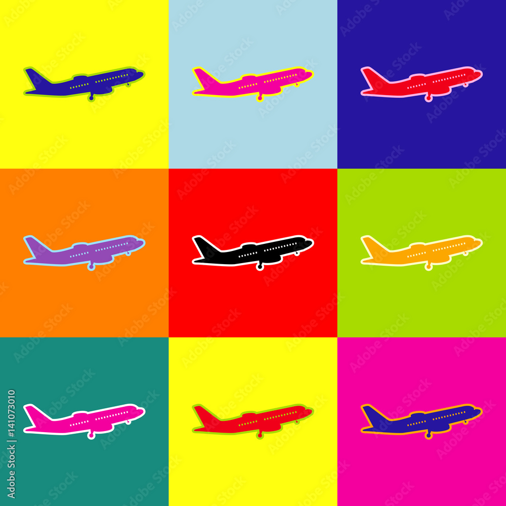 Flying Plane sign. Side view. Vector. Pop-art style colorful icons set with 3 colors.
