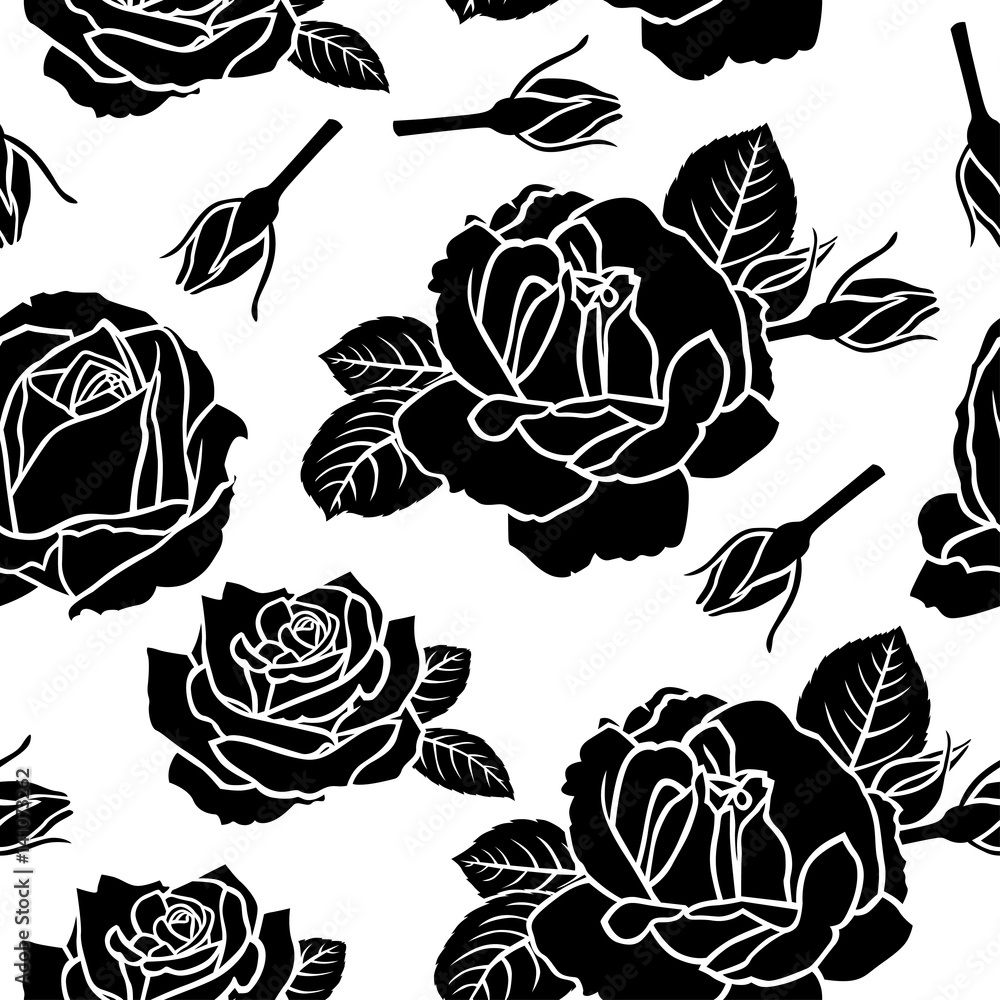 Roses flowers and buds pattern seamless
