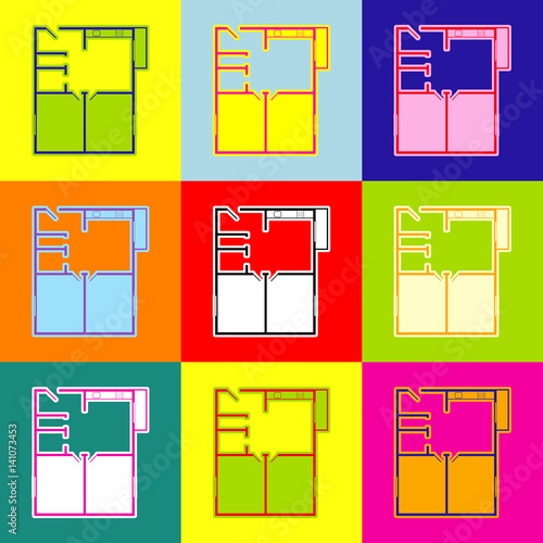 Apartment house floor plans. Vector. Pop-art style colorful icons set with 3 colors.