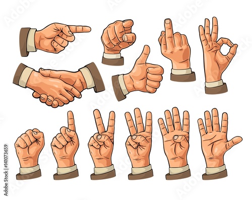 Male and female Hand sign. Fist, Like, pointing, ok, peace,