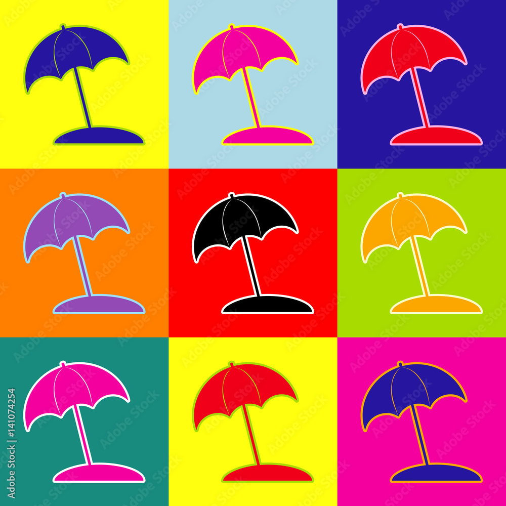 Obraz premium Umbrella and sun lounger sign. Vector. Pop-art style colorful icons set with 3 colors.