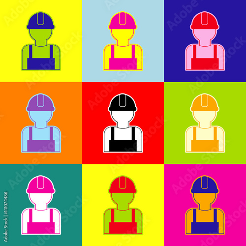 Worker sign. Vector. Pop-art style colorful icons set with 3 colors.