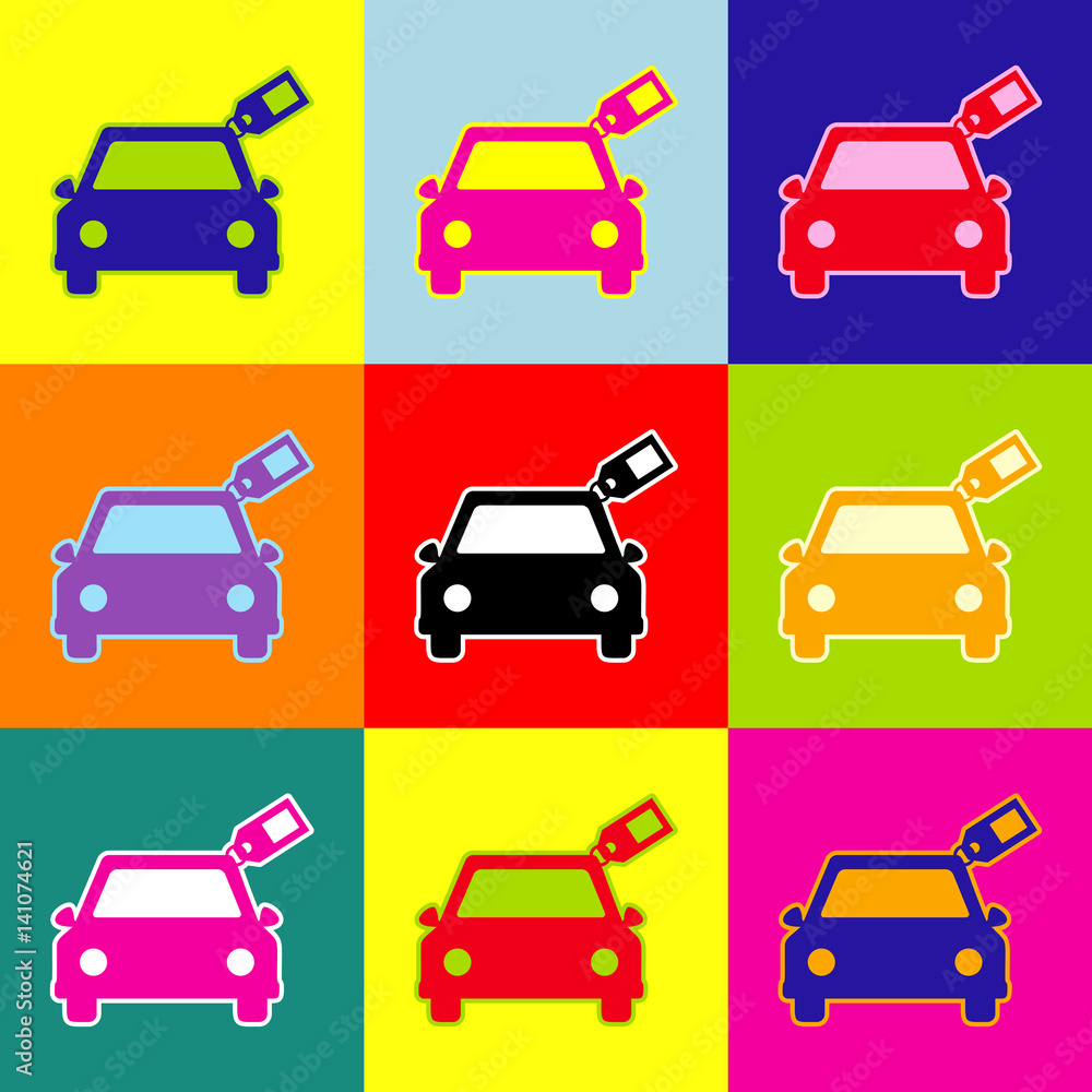 Car sign with tag. Vector. Pop-art style colorful icons set with 3 colors.