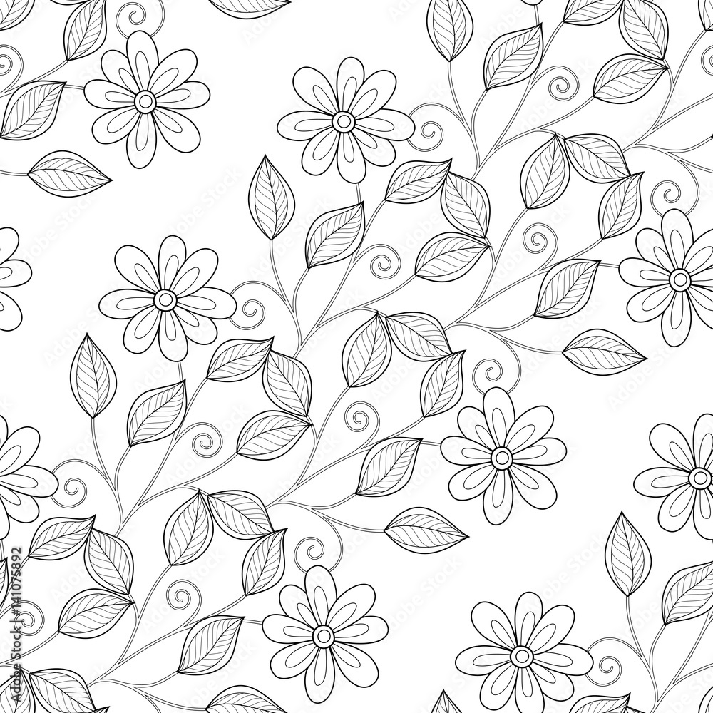 Obraz premium Vector Seamless Monochrome Floral Pattern