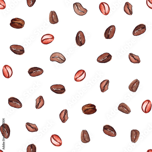 Watercolor natural aroma coffee beans seamless pattern
