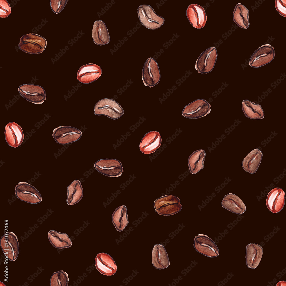 Fototapeta premium Watercolor natural aroma coffee beans seamless pattern