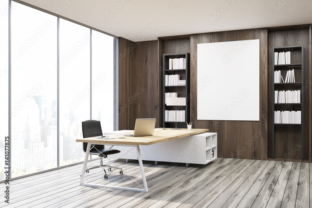CEO office with dark wooden walls, corner CEO office with dark wooden walls, corner