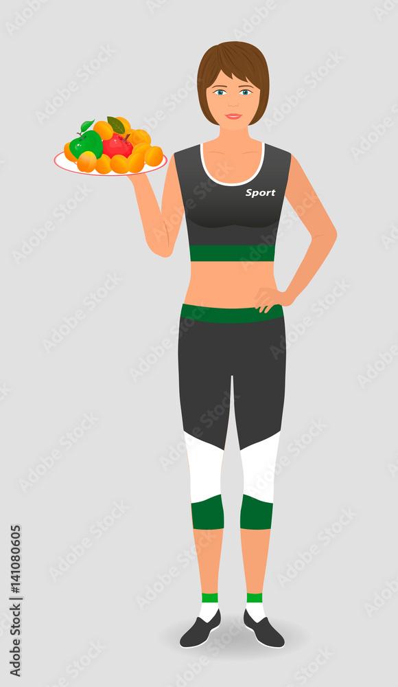 Healthy food for a diet. Athlete woman hold a tray with fruits. Healthy food for a diet. Athlete woman hold a tray with fruits.