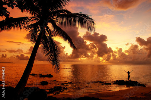 Colorful sunrise  on the beach in Lavena village in Taveuni Island  Fiji
