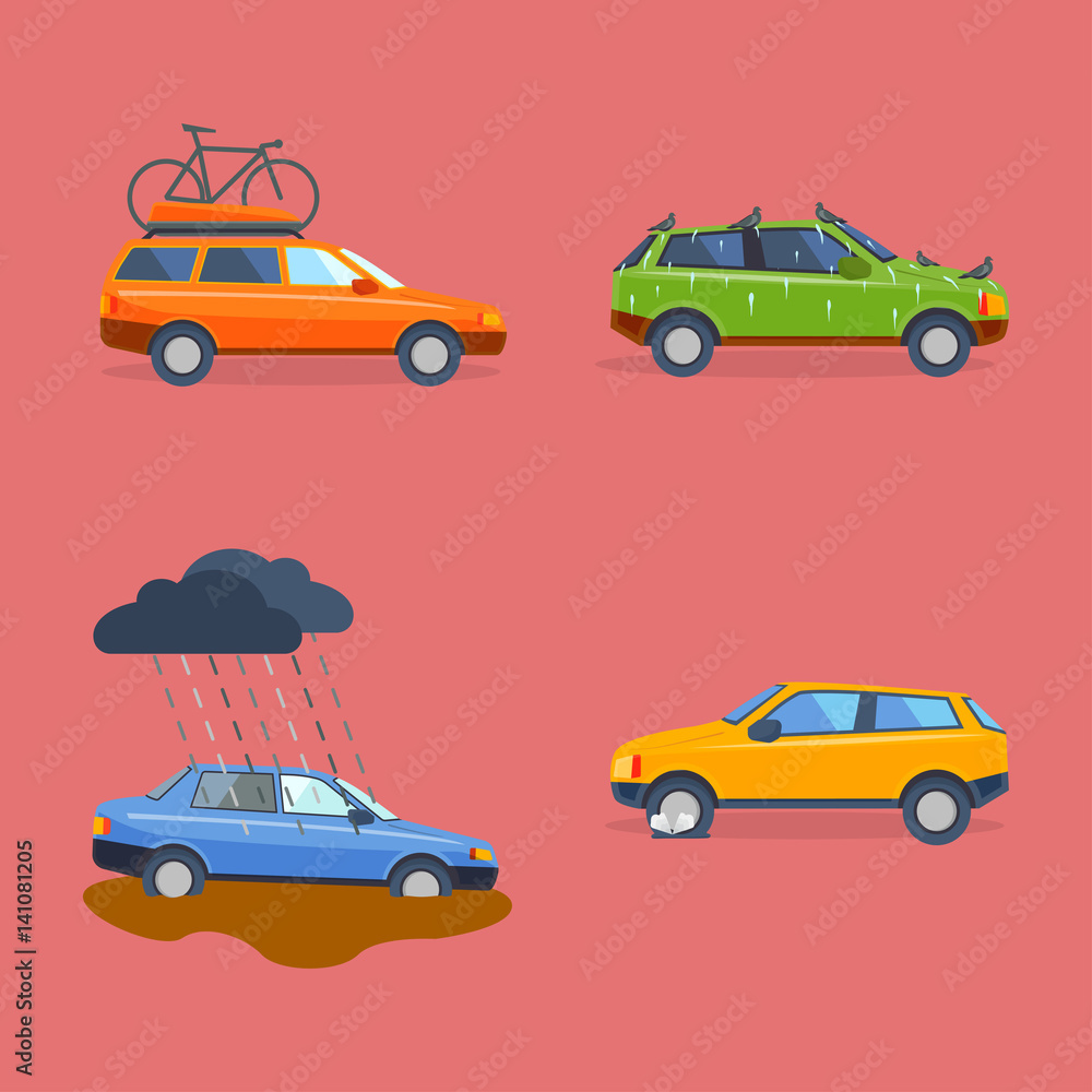 Car crash collision traffic insurance safety automobile emergency disaster and emergency disaster speed repair transport vector illustration.