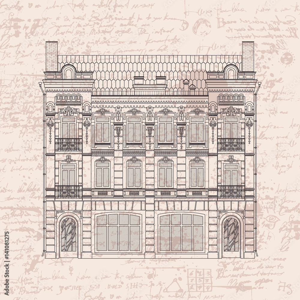 vector drawing of a three-story historic building in the Baroque style on the background of the manuscript