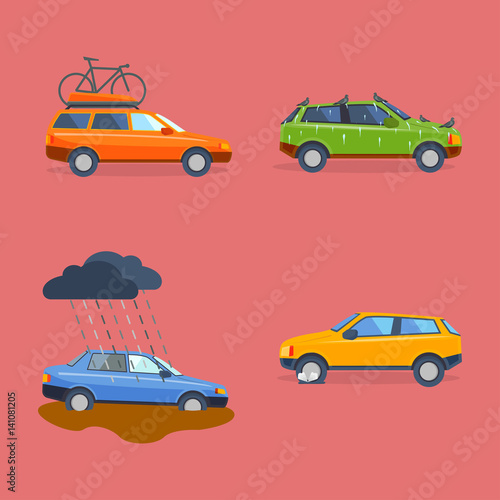 Car crash collision traffic insurance safety automobile emergency disaster and emergency disaster speed repair transport vector illustration.