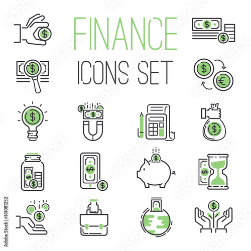 Finance money business outline black wealth accounting graph savings and cash investment banking financial green bank icons set vector illustration.