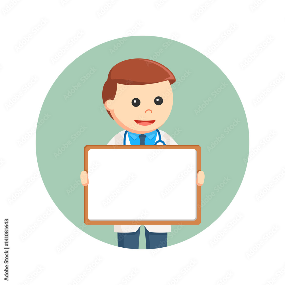 male doctor holding empty board in circle background