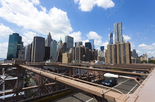 Manhattan skyline from the Brooklyn Bridge pedestrian walkway.