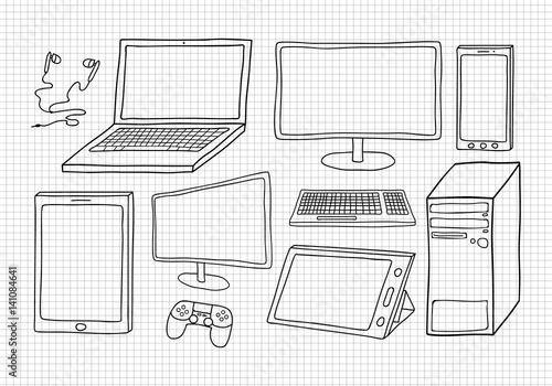 Electronic devices including computer, laptop, monitors, smart phone, tablets, keyboard, game controller and ear phones. Transparent vector line-art isolated on grid background.