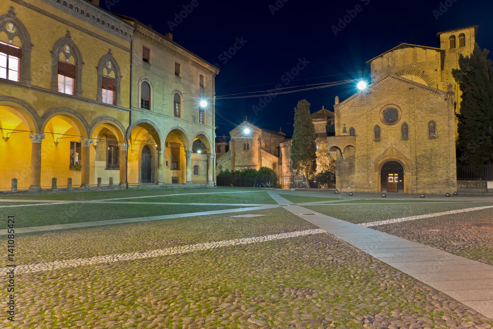 Night View of Piazza Santo Stefano and Church, Bologna, Italy