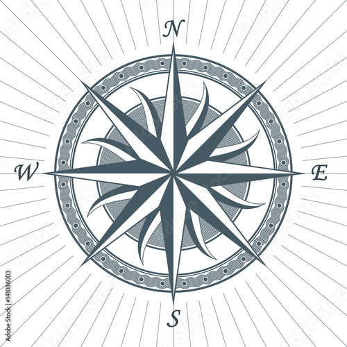 Vintage old antique wind rose nautical compass sign label emblem element.