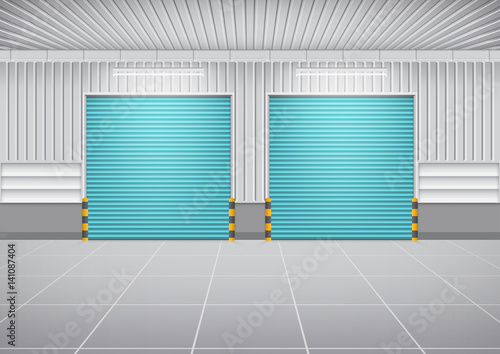 Roller door or roller shutter. Also called security door or security shutter. For protect residential, commercial and industrial building i.e. house, factory, warehouse, hangar. Vector illustration.