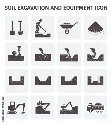 Soil excavation and equipment vector icon. Excavator or backhoe to excavate for hole in construction site. Worker or digger to diging by hoe tool. Transport by wheelbarrow, dump or tipper truck.