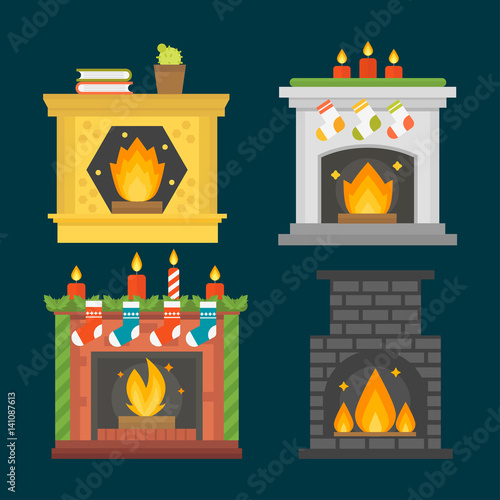 Flat style fireplace icon design house room warm christmas flame bright decoration coal furnace and comfortable warmth energy indoors vector illustration.