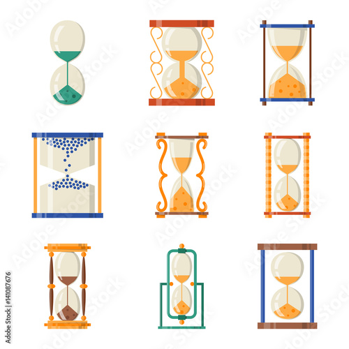 Sandglass icon time flat design history second old object and sand clock hourglass timer hour minute watch countdown flow measure vector illustration.