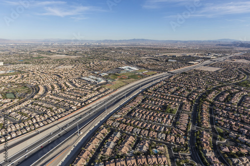 Aerial view of the 215 freeway in the Summerlin neighborhood of Las Vegas, Nevada.