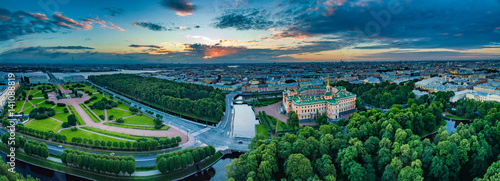 View of the city from the top. SPb Engineering Castle and the Champ de Mars. Summer view of the morning city.