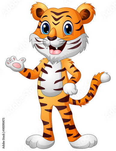 Fototapeta Naklejka Na Ścianę i Meble -  Funny tiger cartoon waving hand