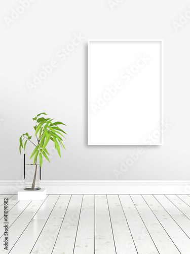 Modern bright interior with empty frame . 3D rendering