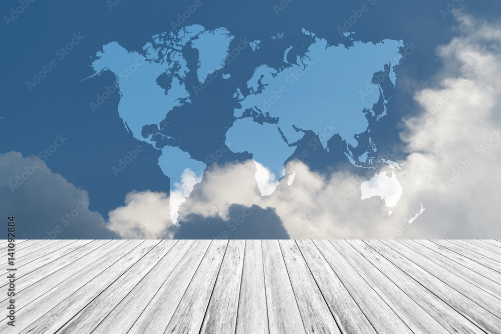 Blue sky cloud with Wood terrace and world map Blue sky cloud with Wood terrace and world map