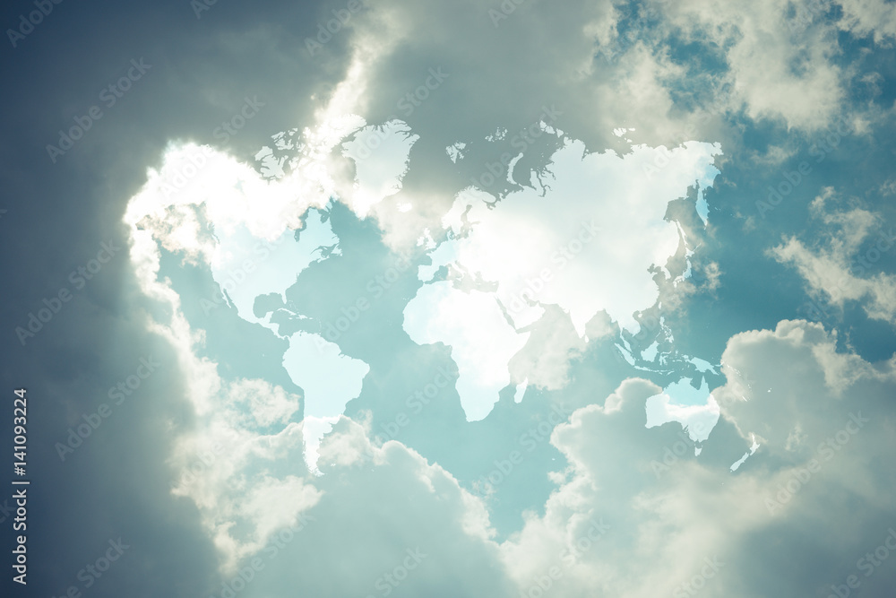 Blue sky cloud with world map , process in vintage style Blue sky cloud with world map , process in vintage style