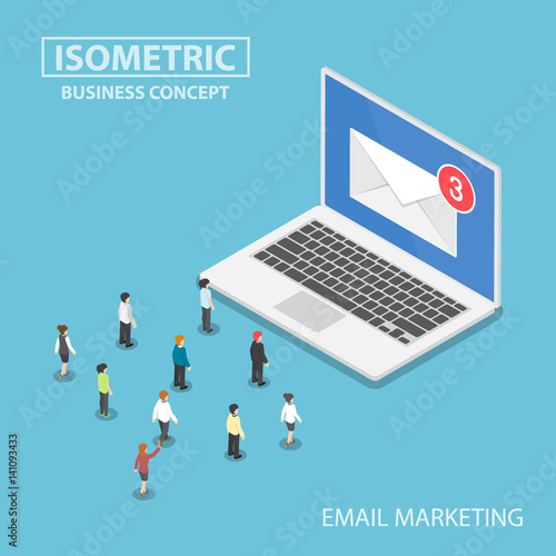Isometric business people looking to new email notification on laptop monitor